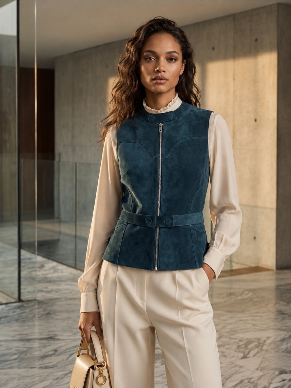 Christian Dior Green Suede Leather Vest Quiet Luxury Tailored US 12